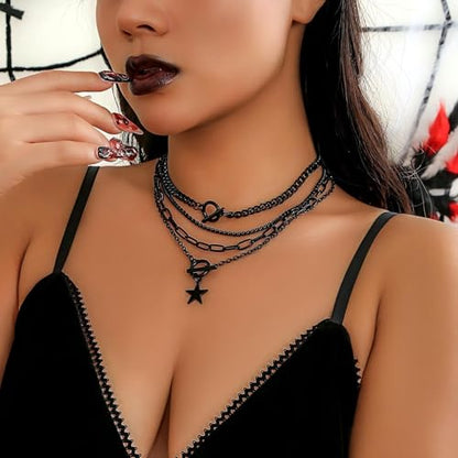 4 Pcs Black Necklace,Star Necklace Layered Necklaces for Women Goth Emo Jewelry Gothic Necklaces for Women - color: black star
