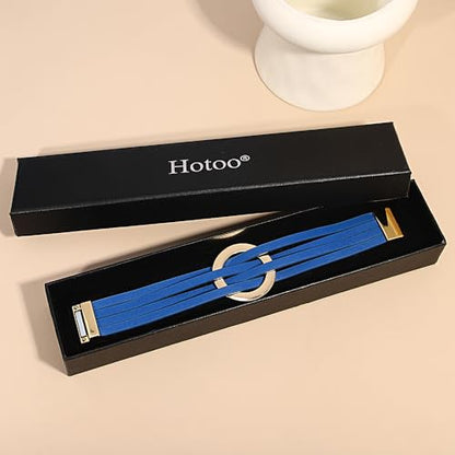 hotoo Circle Charm Bracelets for Women Handmade Leather Wrap Bracelets for Couples Friendship Bracelet Bohemian Cuff Bangle Boho Jewelry Gift - color: New Blue