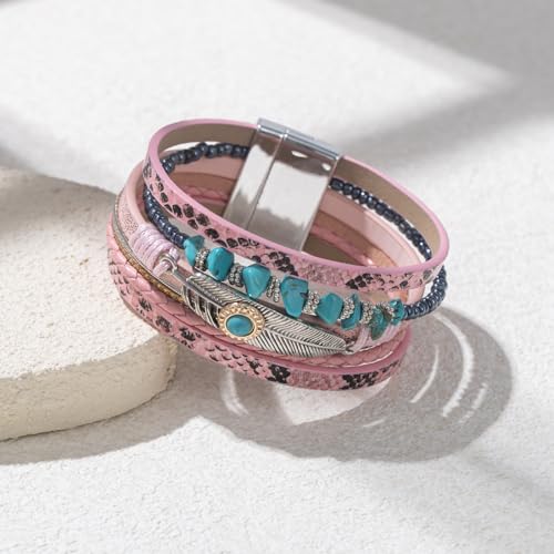 Western Turquoise Leather Cuff Bracelets Boho Feather Cowgirl Jewelry | Stackable Country Hippie Wrap Bangle Set Magnetic Clasp Chunky Beaded Stone Bohemian Statement Outfits for Women Trendy - color: Pink