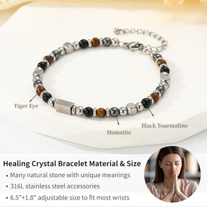 Natural Healing Crystal Bracelet for Women, Triple Protection Anxiety Relief New Beginnings Good Luck Empath Protection Jewelry Gift for Friends Daughter Mom 6.5+1.8 Inches - color: Protection-S