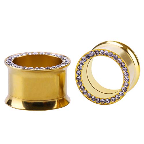 WBRWP 2pcs Hollow Gold Stainless Steel with Zircon Ear Plugs Tunnels - Ear Expander - Ear Gauges Stretcher Body Piercing Jewelry 8g-5/8 - color: Gold with CZ