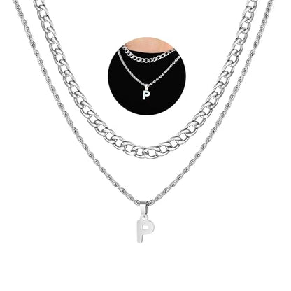 SENRAN Layered Initial A-Z Letter Necklace for Men Stainless Steel | Figaro Twist Rope Chain 18-20 inch Personalized Letter Charm Pendant Jewelry Gift for Women - style: P.