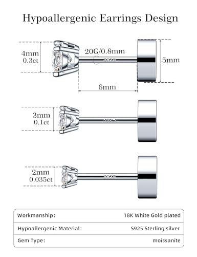 3 Pairs Moissanite Flatback Stud Earrings for Women, 925 Sterling Silver Hypoallergenic Flat Back Cartilage Earrings Set, 18K White Gold Plated - color: 18K White Gold, size: 2,3,4mm