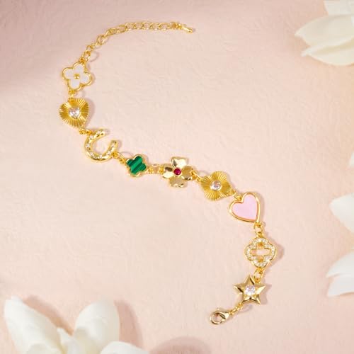 Gold Clover Charm Link Bracelet for Women Elegant Mother of Pearl Lucky Four Leaf Clover Bracelet Cute Colorful Rhinestone Clover Pendant Bracelet Adjustable Link Chain Trendy Party Jewelry Gift - style: lucky