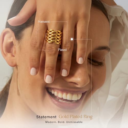 Namami Adjustable Gold Plated & Rhodium Plated(Silver) Wrap Rings for Women | Stackable Pure Brass Tarnish Free & Hypoallergenic, Minimilist Brick Design, 18K Gold Plated Wide Band Chunky Statement Ring - color: Gold