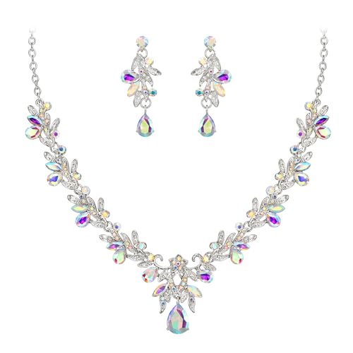 Women's Wedding Jewelry Set Leaf Flower for Bridal Prom Party | Stunning Crystal Teardrop Marquise Cluster Pendant Necklace Dangle Earrings Set for Bride Bridesmaid - color: Iridescent AB Silver-Tone
