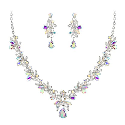Women's Wedding Jewelry Set Leaf Flower for Bridal Prom Party | Stunning Crystal Teardrop Marquise Cluster Pendant Necklace Dangle Earrings Set for Bride Bridesmaid - color: Iridescent AB Silver-Tone