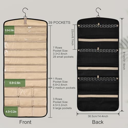 Hanging Jewelry Organizer Storage Roll with 39 Clear Pockets Double-Sided Foldable, Necklace Organizer Tangle Free, Travel Jewelry Holder for Earrings, Rings, Bracelets, Hanging on Closet, Wall, Door - size: Large