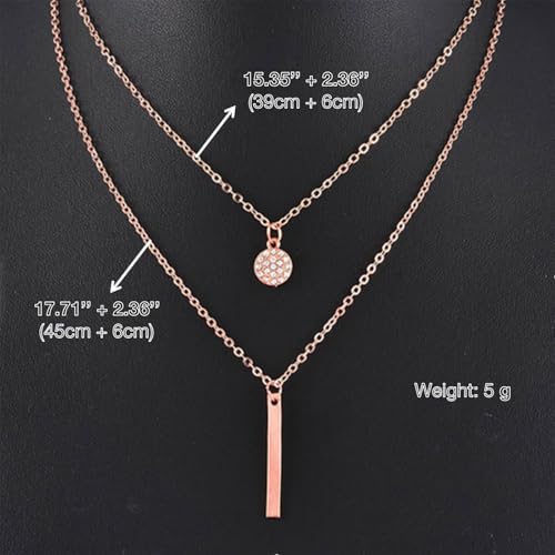 POYAMUSE Elegant Layered Gold Necklace for Women - Double Layered with Cubic Zirconia Pendant and Geometric Bar Charm Stacked Necklace for Women