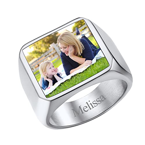 FindChic Customized Signet Photo Rings Square/Heart/Round Chunky Band Ring Stainless Steel/18K Gold Plated/Black Size 7 to 14 Personalized Jewelry for Men Women, Send Gift Box - color: 01. square-no stones (stainless steel)