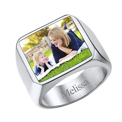 FindChic Customized Signet Photo Rings Square/Heart/Round Chunky Band Ring Stainless Steel/18K Gold Plated/Black Size 7 to 14 Personalized Jewelry for Men Women, Send Gift Box - color: 01. square-no stones (stainless steel)