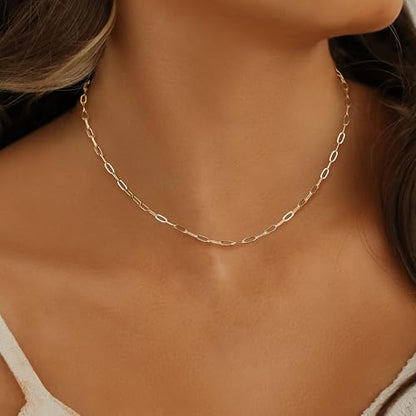 18K Gold Plated Paperclip Necklace Chain Dainty Choker Necklace for Women 14 15 17 inches - color: 2.7MM Gold, size: 16-18 inches