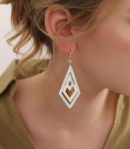Ozel - Natural Wooden Acrylic Boho Drop Dangle Earrings for Women - Geometric Statement Jewellery - Brown, Black, Magent Red, Olive Green, White beige - color: Diamond_White beige