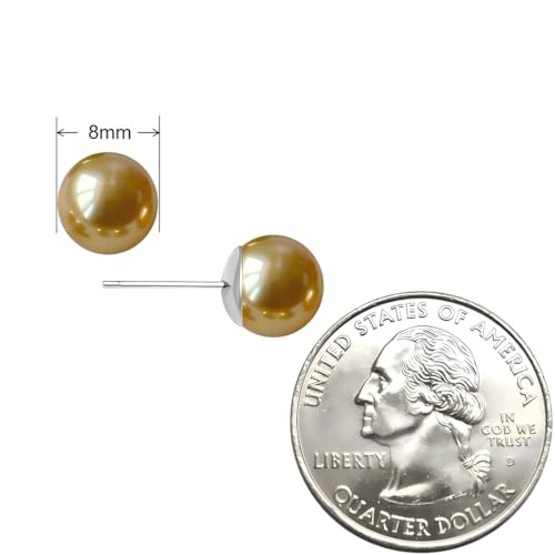 Gold & Brown Faux Pearl Stud Earrings, S925 Silver Posts Hypoallergenic for Women - color: Gold, size: 8mm