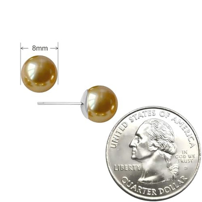 Gold & Brown Faux Pearl Stud Earrings, S925 Silver Posts Hypoallergenic for Women - color: Gold, size: 8mm