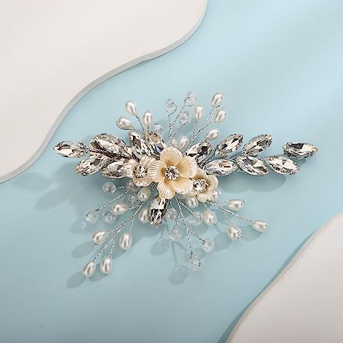 Xerling Silver Rhinestones Crystal Flower Hair Barrettes Clip Boho Bridal Pearl Hair Jewelry Accessories for Women Wedding Floral Headpieces (Silver) - color: Silver