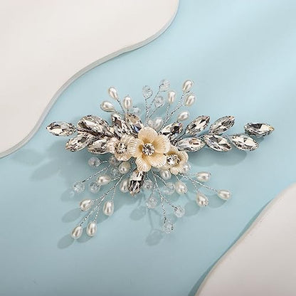 Xerling Silver Rhinestones Crystal Flower Hair Barrettes Clip Boho Bridal Pearl Hair Jewelry Accessories for Women Wedding Floral Headpieces (Silver) - color: Silver