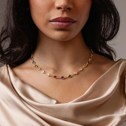 Colorful Necklace for Women,14K Gold Plated Chain With Crystal Necklace Womens Statement Cute Trendy Surfer Beach Choker Necklaces Gifts - color: Colorful Teardrop