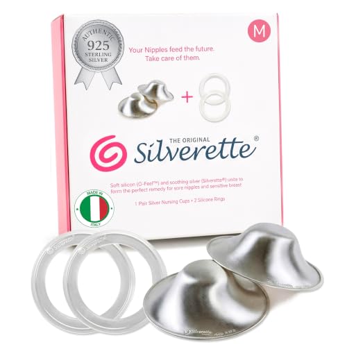 Silverette® The Original Silver Nursing Cups, Nipple Covers for Breastfeeding Essentials, Pure 925 Silver Nipple Shields - color: Medium - X-Large With O-Feel Silicone Rings