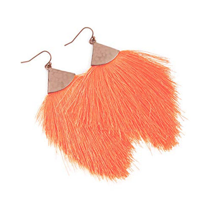 Bohemian Silky Thread Fan Fringe Tassel Statement Earrings - Lightweight Strand Feather Shape Dangles - color: Feather Fringe - Dark Salmon