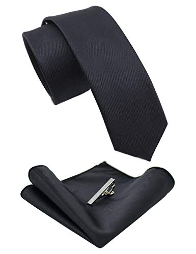 JEMYGINS 2.4" Solid Color Skinny Tie and Pocket Square with Tie Clip Sets for Men (6cm) - color: Black