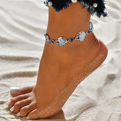Beach Anklet Bracelet for Women Silver Plated Adjustable Abalone Shell Sea Turtle Dolphin Starfish Sand Dollar Ocean Ankle Bracelet for Women Summer Beach Jewelry - color: Sand Dollar