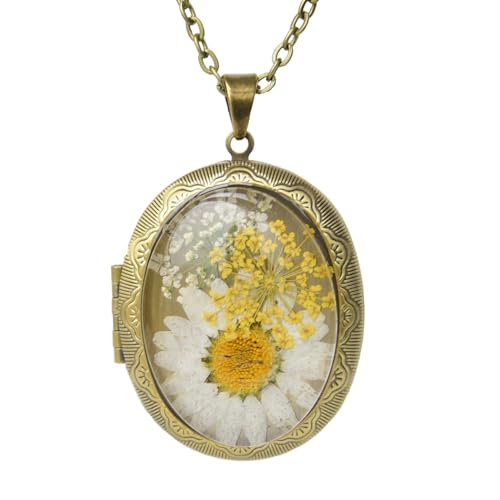 Vintage Photo Locket Necklace Handmade Pressed Flower Locket Necklace for Women - style: Shasta Daisy(1.53"x 1.85")