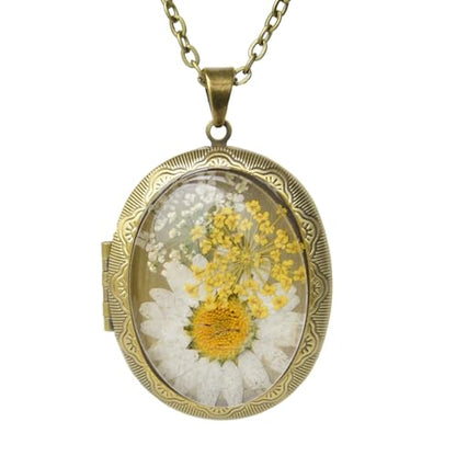 Vintage Photo Locket Necklace Handmade Pressed Flower Locket Necklace for Women - style: Shasta Daisy(1.53"x 1.85")