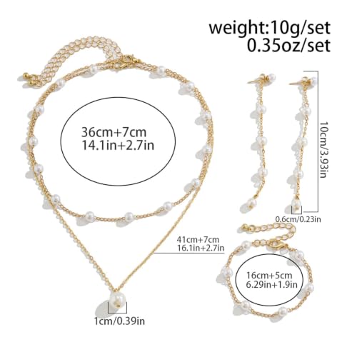 Wedding Jewelry Sets for Brides Bridesmaid Pearl Jewelry Set Fancy Gold Flower Necklace and Earrings Simple Pearl Necklace for Women Bridal Earrings Wedding Accessories Essentials Gifts - color: B2:3pcs pearl jewelry set