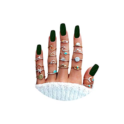 HUJUON 7-19pcs Star Moon Knuckle Rings for Women Boho Silver Stackable Rings Set Joint Midi Finger Stacking Rings - style: Star Moon Knuckle Rings