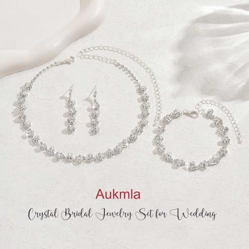 Aukmla Bridal Wedding Jewelry Set Silver Rhinestones Choker Necklaces Earrings Bracelet Sets Prom Jewelry for Women and Brides - color: Silver