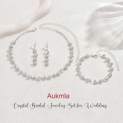 Aukmla Bridal Wedding Jewelry Set Silver Rhinestones Choker Necklaces Earrings Bracelet Sets Prom Jewelry for Women and Brides - color: Silver