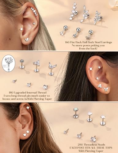 ZELORES Cartilage Earrings for Women Hypoallergenic Surgical Steel Flat Back Stud Earrings Set 18K Gold Plated Push in Nose Studs Screw on Lip Labret Helix Tragus Piercing Jewelry 16G 18G 20G