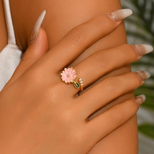 Adjustable Rings for Women 18K Gold Plated daisy Flower Butterfly Ball Cubic Zirconia Rings Dainty Open Stacking Ring - color: Pink Flower-Gold