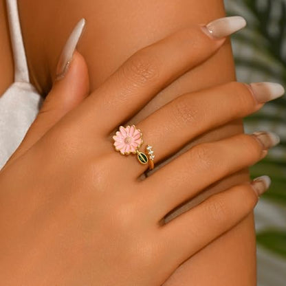 Adjustable Rings for Women 18K Gold Plated daisy Flower Butterfly Ball Cubic Zirconia Rings Dainty Open Stacking Ring - color: Pink Flower-Gold