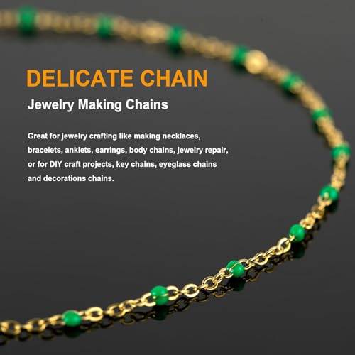 KYUNHOO Gold Plated Jewelry Chain Roll Stainless Steel Cable Chain Links | 16.4 Feet Green Rosary Bead Chains with Jewelry Findings for Necklace Bracelet Making - color: Gold-Green-2mm
