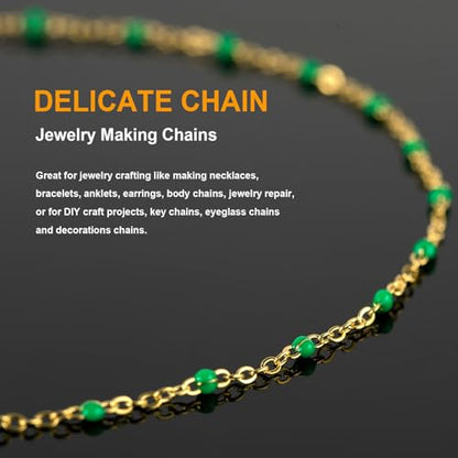 KYUNHOO Gold Plated Jewelry Chain Roll Stainless Steel Cable Chain Links | 16.4 Feet Green Rosary Bead Chains with Jewelry Findings for Necklace Bracelet Making - color: Gold-Green-2mm