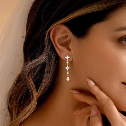 Dangle Earrings for Women, Formal Teardrop Drop Earrings Dainty Wedding Bridal Dangling Earrings 14k Gold Plated Long Gold Earrings for Women Trendy Hypoallergenic Waterproof Prom Jewelry - color: Gold-Clover