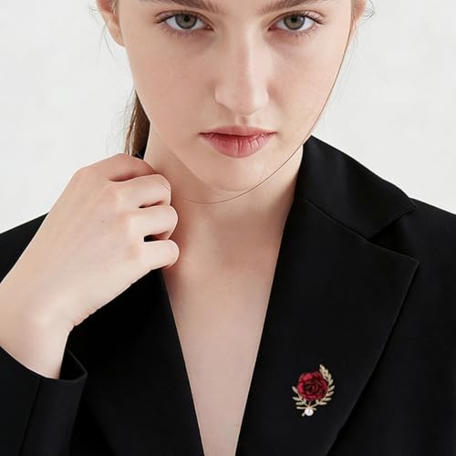 Handmade Elegant Red Rose Flower Brooch Pin for Women Crystal Pearl Fabric Flower Lapel Pin Dress Suit Accessories - color: Red A