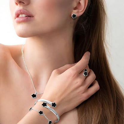 Lucky Flower Alloy Jewelry, Lucky Flower Design Necklace Earrings Bracelet Bangle Ring Jewelry Set, Clover Gold Plated Chain Wrap Ornament & Plush Pouch for Women - color: Silver