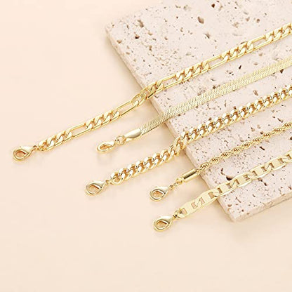 Dainty Ankle Bracelets for Women Waterproof | Layered Gold Plated Tennis Cuban Snake Rope Paperclip Beaded Link Chains Set, Summer Beach Jewelry Gift - color: Gold Anklet F
