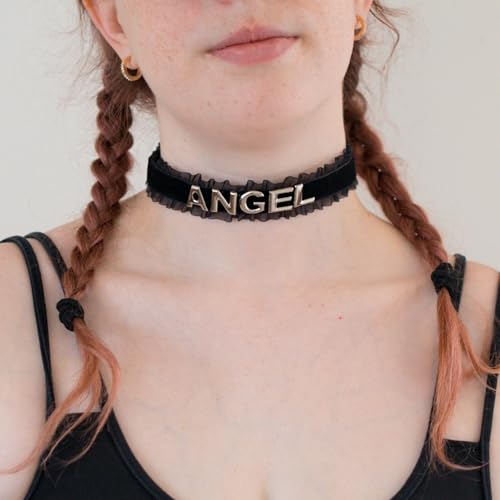 Women's Black Velvet Lace Letter Choker Collar for Halloween, 15-inch | Made of Velvet Lace Ribbon and Silver Letter Charms, Lobster-claw Closure, Daily Gothic Style, Avoid Water & Perfume - color: ANGEL