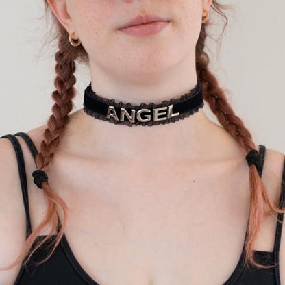 Women's Black Velvet Lace Letter Choker Collar for Halloween, 15-inch | Made of Velvet Lace Ribbon and Silver Letter Charms, Lobster-claw Closure, Daily Gothic Style, Avoid Water & Perfume - color: ANGEL