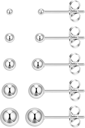 5 Pairs Extra Long Post Earrings 316L Stainless Steel Ball Stud Earrings for Women Men Hypoallergenic Ear Piercing Studs for Sensitive Ears 2-6mm - color: Silver