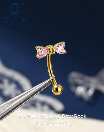 OUFER 16G Rook Earring Piercing Jewelry-316L Surgical Steel Pink Clear CZ Bow Eyebrow Rings, 6/8MM Curved Barbell Vertical Labret Lip Piercing Jewelry - color: Gold-PK