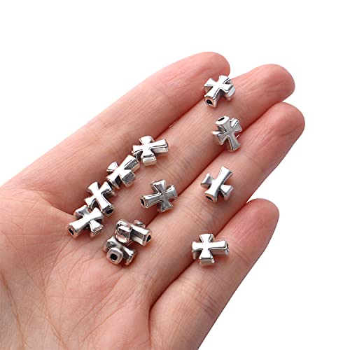 50pcs Antique Silver Cross Spacer Beads Tibetan Alloy Crucifix Cross Charm Beads for DIY Jewelry Bracelet Making,9.6mm×8.4mm