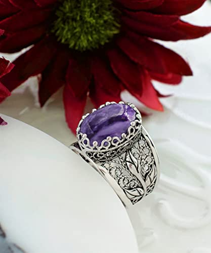 Filigranist 925 Sterling Silver Filigree Art Lace Embroidery Tulip Detailed Gemstone Women Cocktail Ring, Luxurious Gift Boxed - color: Charoite