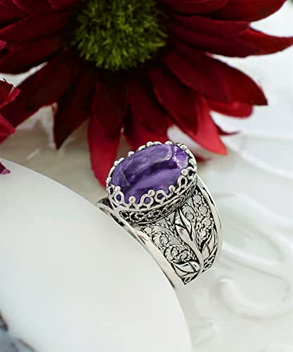 Filigranist 925 Sterling Silver Filigree Art Lace Embroidery Tulip Detailed Gemstone Women Cocktail Ring, Luxurious Gift Boxed - color: Charoite