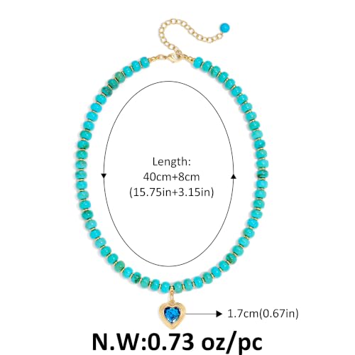 Boho Beaded Choker Necklaces for Women with A Gold Heart CZ - color: Turquoise