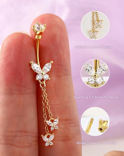 Cute Belly Button Rings Dangle 14G Butterfly Belly Button Piercing for Women Gold Navel Ring 316L Surgical Steel Navel Piercing Jewelry - color: Gold